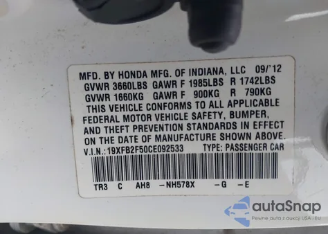 2012 Honda Civic Lx from USA, damaged, VIN 19XFB2F50CE092533